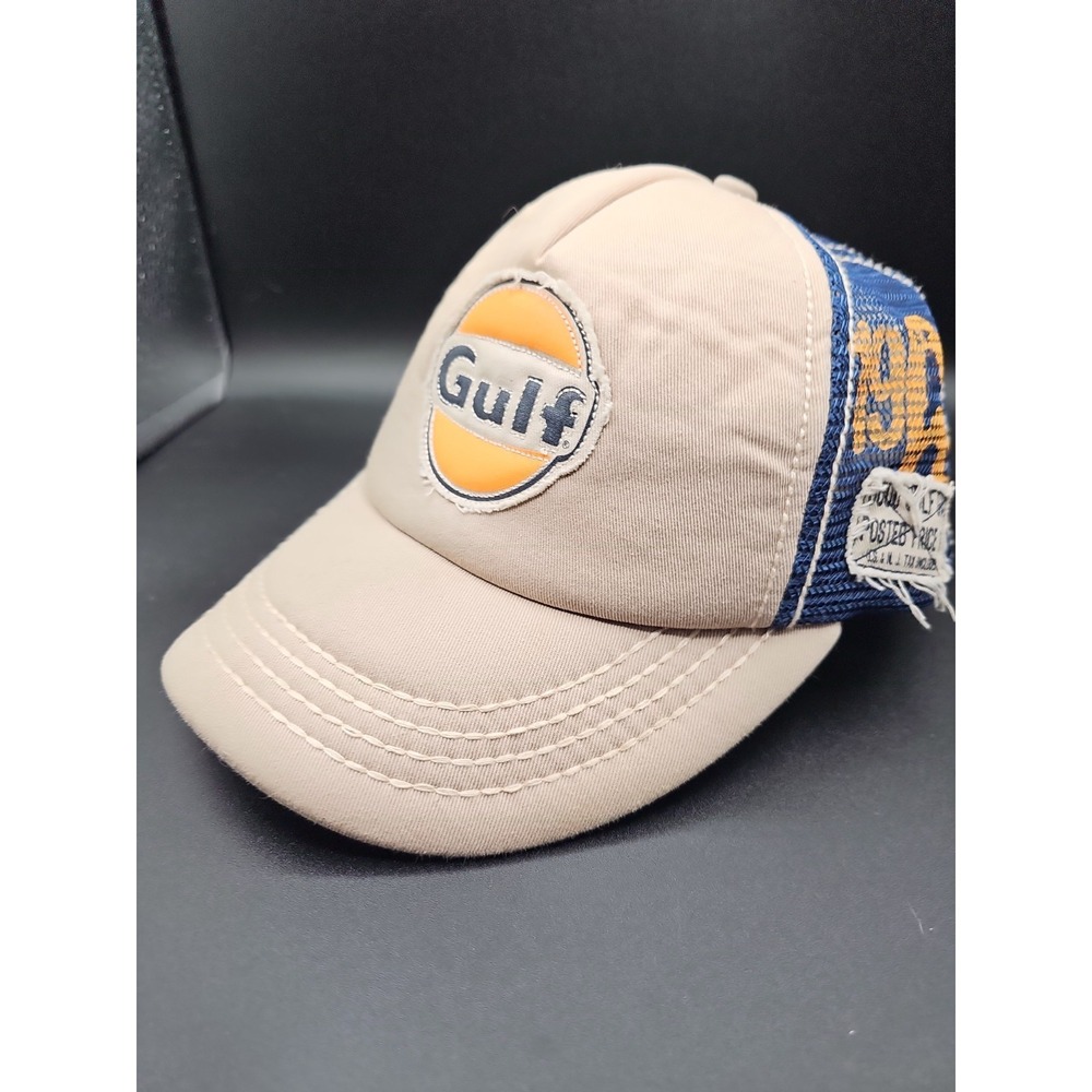 Gulf Oil Trucker Hat 1963 Patch  SnapBack Beige Tan Blue Mesh  Hat Cap